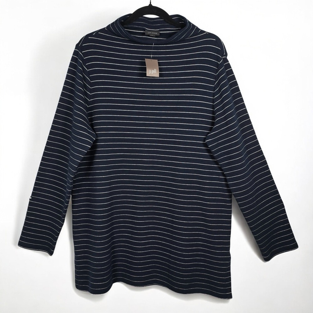 J. Jill Wearever Collection Tunic Sweater Large Blue Striped Mock Neck Relax NWT
